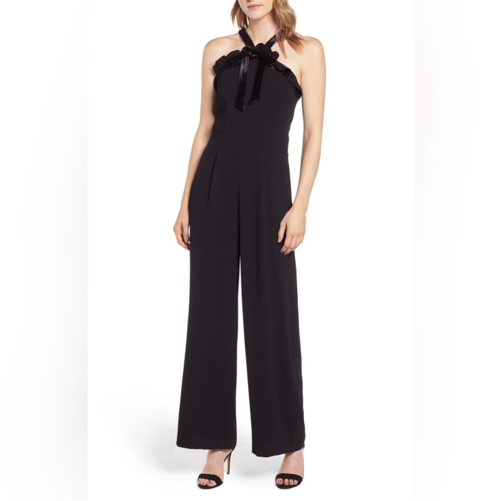 CeCe Black Velvet Bow Ruffle Halter Jumpsuit NWT Sz 8
